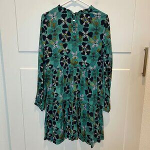 Knox Rose Teal Floral Tiered Long Sleeve Ruffle Neck Mini Dress Size Small